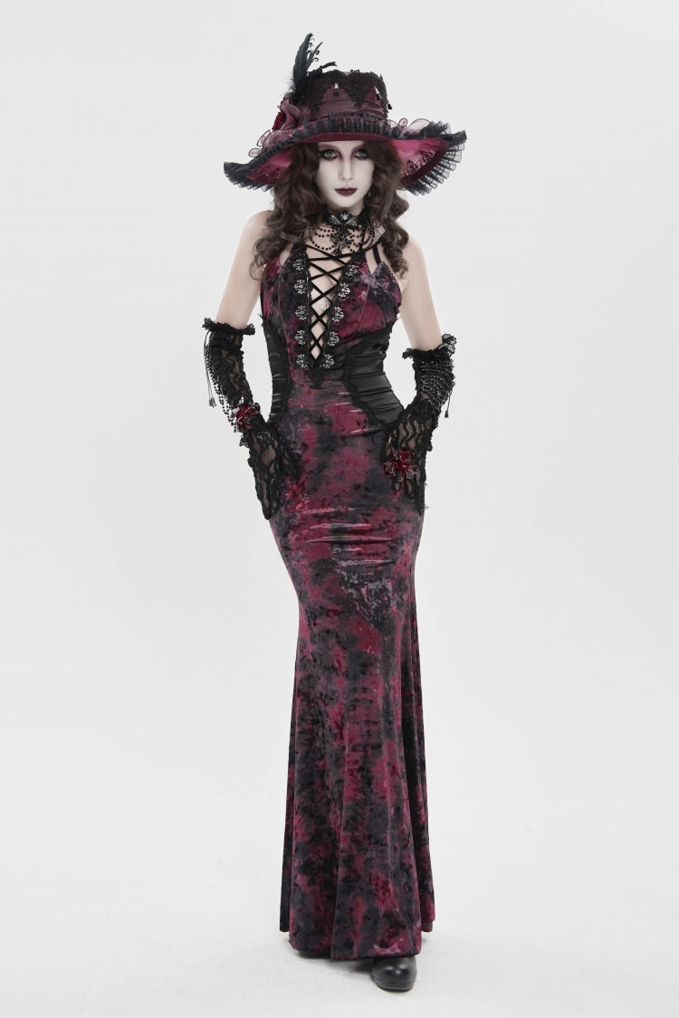 Black/Red Off Shoulder Halterneck Printed Hanayome Lace Lace-Up Slim Pleated Women's Gothic Jsk Dress - Product - 7