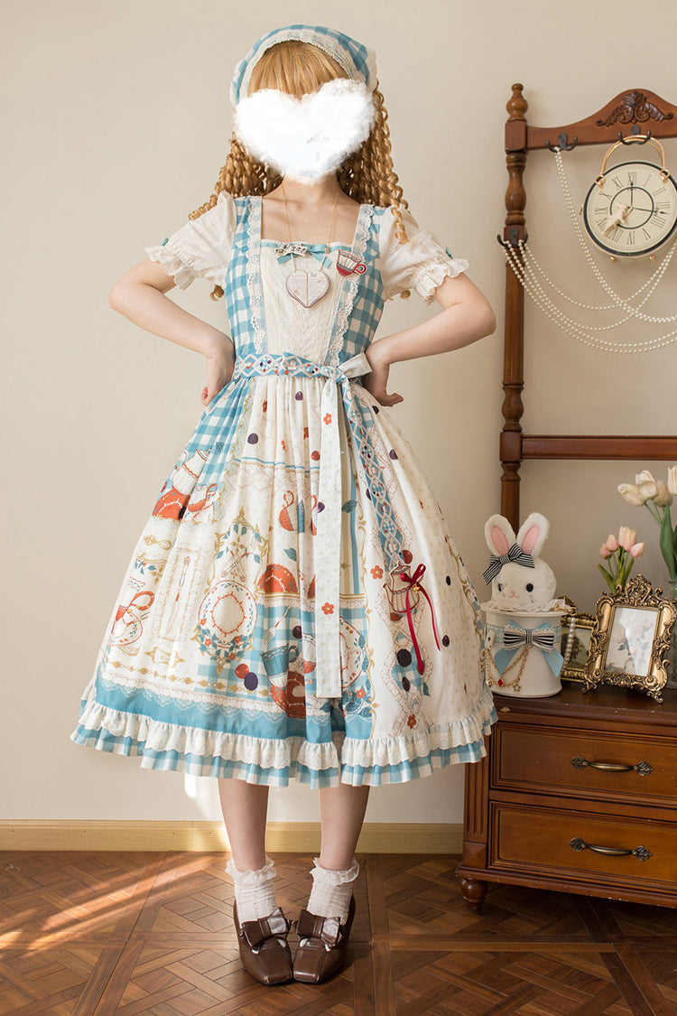 Blue/Green [Tea Party] Short Sleeves Print Ruffle Bowknot Lace Sweet Elegant Lolita Dress - Product - 5