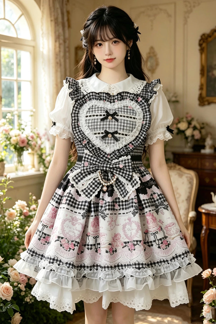 Jirai Kei Lapel Collar Short Sleeves Printed Bow Sweet Plus Size Dress 3 Colors - Product - 7
