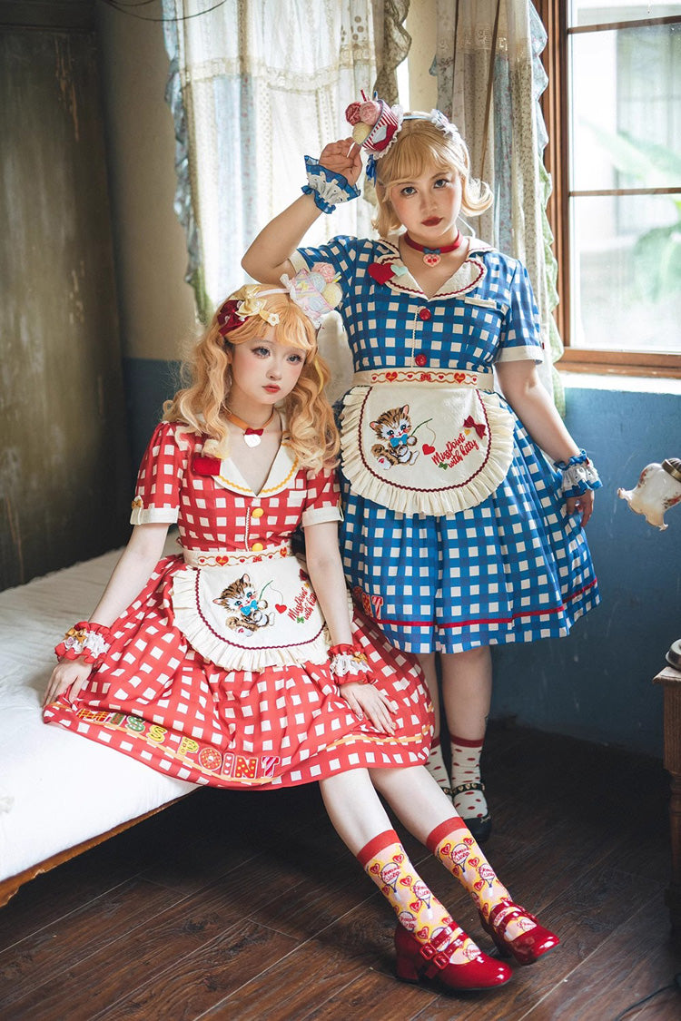 Sweetheart Cat Short Sleeves Print Embroidery Sweet Lolita Dress 3 Colors - Product - 6