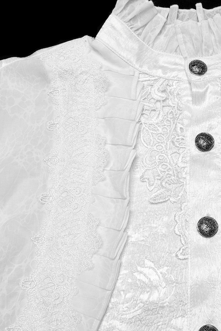 White Stand Collar Long Puff Sleeves Jacquard Ruffle Embroidery Men's Gothic Blouse - Product - 6
