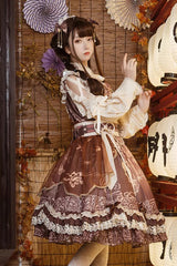 Brown [Yuelong Poetry] Print Ruffle Lace Sweet Chinese Style Lolita Jsk Dress - Product - 3