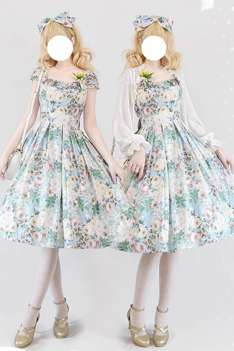 Multi-Color [Forest Basket] Green Field Flowers Print Bowknot Sweet Elegant Lolita Jsk Dress - Multi-Color - 1