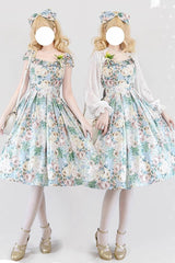 Multi-Color [Forest Basket] Green Field Flowers Print Bowknot Sweet Elegant Lolita Jsk Dress - Multi-Color - 1