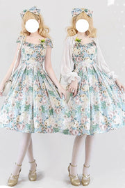 Multi-Color Forest Basket Green Field Flowers Print Bowknot Sweet Elegant (Dress Only) front view
