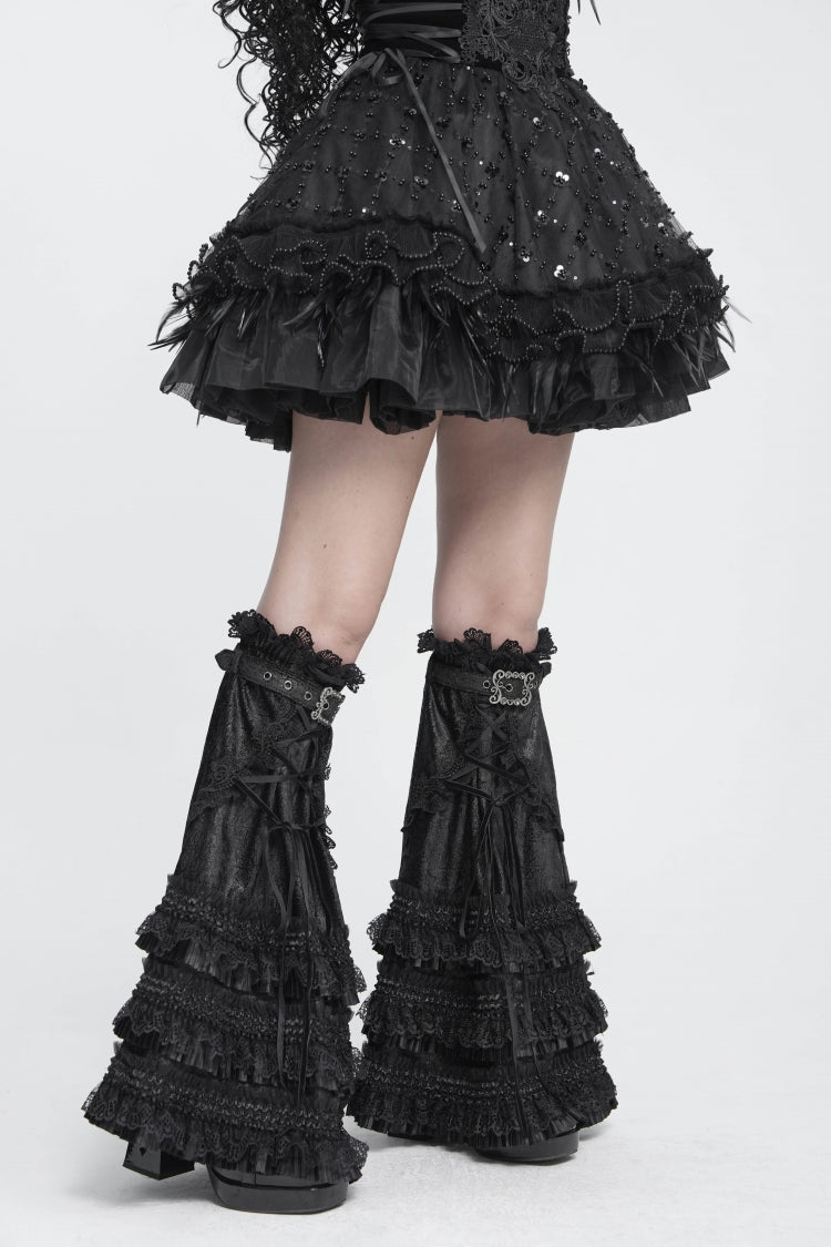 Black Multi-Layered Lace Lace-Up Buckled Pleated Women's Gothic Luxurious Royal  Leg Warmers - Product - 5