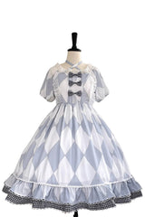 White/Blue Short Sleeves Diamond Plaid Print Bowknot Alice Sweet Lolita Dress - White/Blue - 1