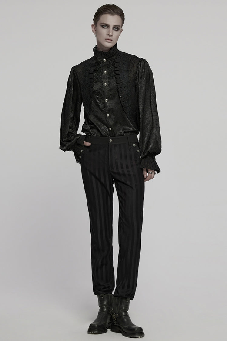 Black Stand Collar Long Puff Sleeves Jacquard Ruffle Embroidery Men's Gothic Blouse - Product - 4