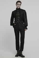 Black Stand Collar Long Puff Sleeves Jacquard Ruffle Embroidery Men's Gothic Blouse - Product - 4