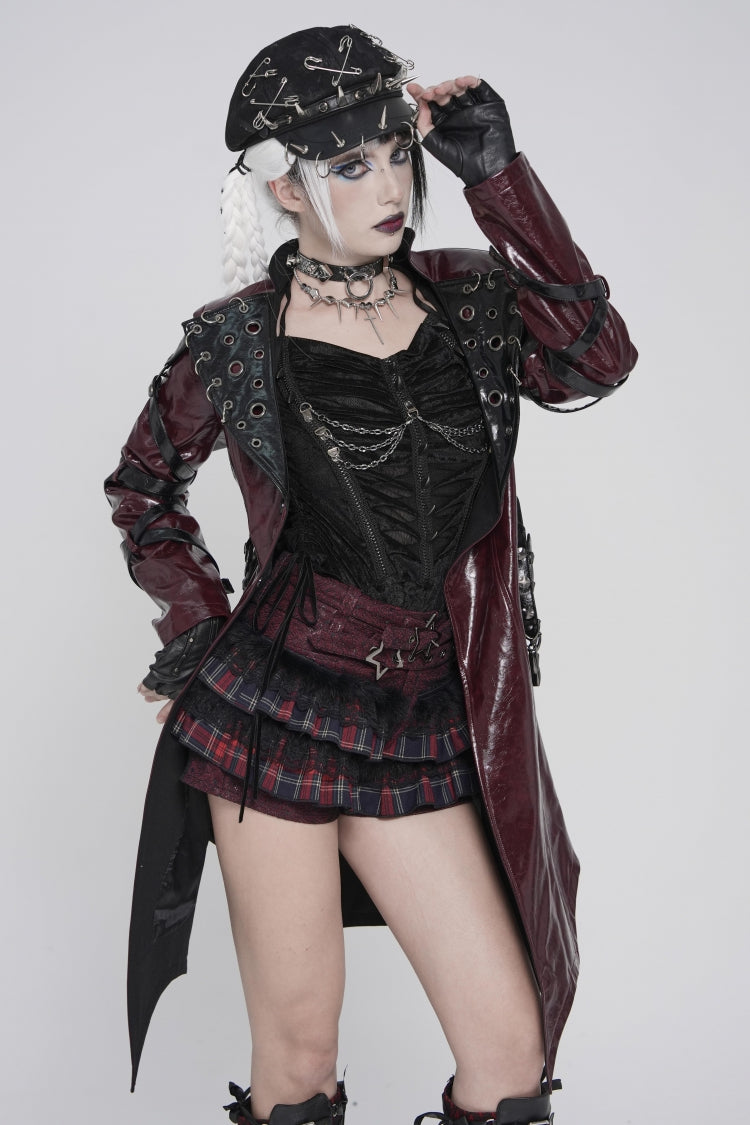 Black/Red Multi-Layered Lace Detachable Eyelet Women's Punk Layered Plaid Falbala Shorts - Product - 11
