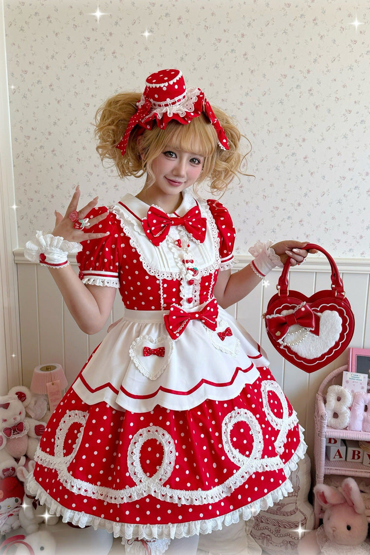 [A Day as a Candy Shop Owner] Peter Pan Collar Short Sleeves Printed Bow Sweet Lolita Dress 3 Colors (Red, Blue, Pink) - Product - 18