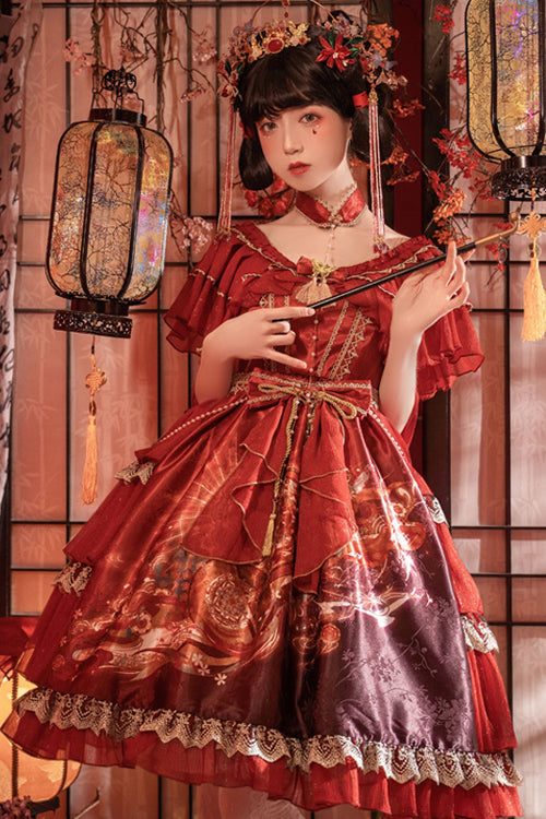 Round Collar Ruffled Short Sleeves Elegant Print High Waist Classic Lolita Dress - Product - 4