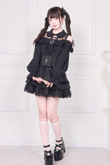 Jirai Kei Off Shoulder Long Sleeves Print Bowknot Lace-Up Sweet Japanese Blouse 3 Colors - Product - 12