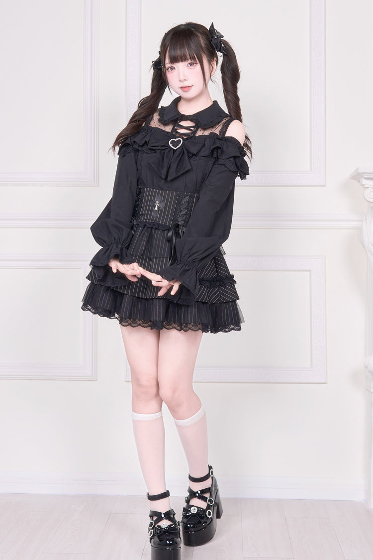 Jirai Kei Off Shoulder Long Sleeves Print Bowknot Lace-Up Sweet Japanese Blouse 3 Colors - Product - 12