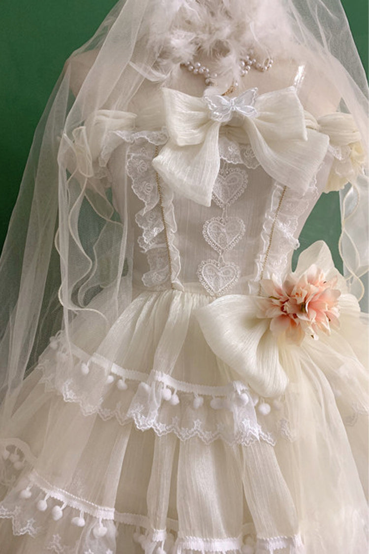 White Multi-Layered Ruffled Hanayome Bow Pearl-Decorated Sweet Lolita Jsk Dress Full Set 2 Versions - Product - 13