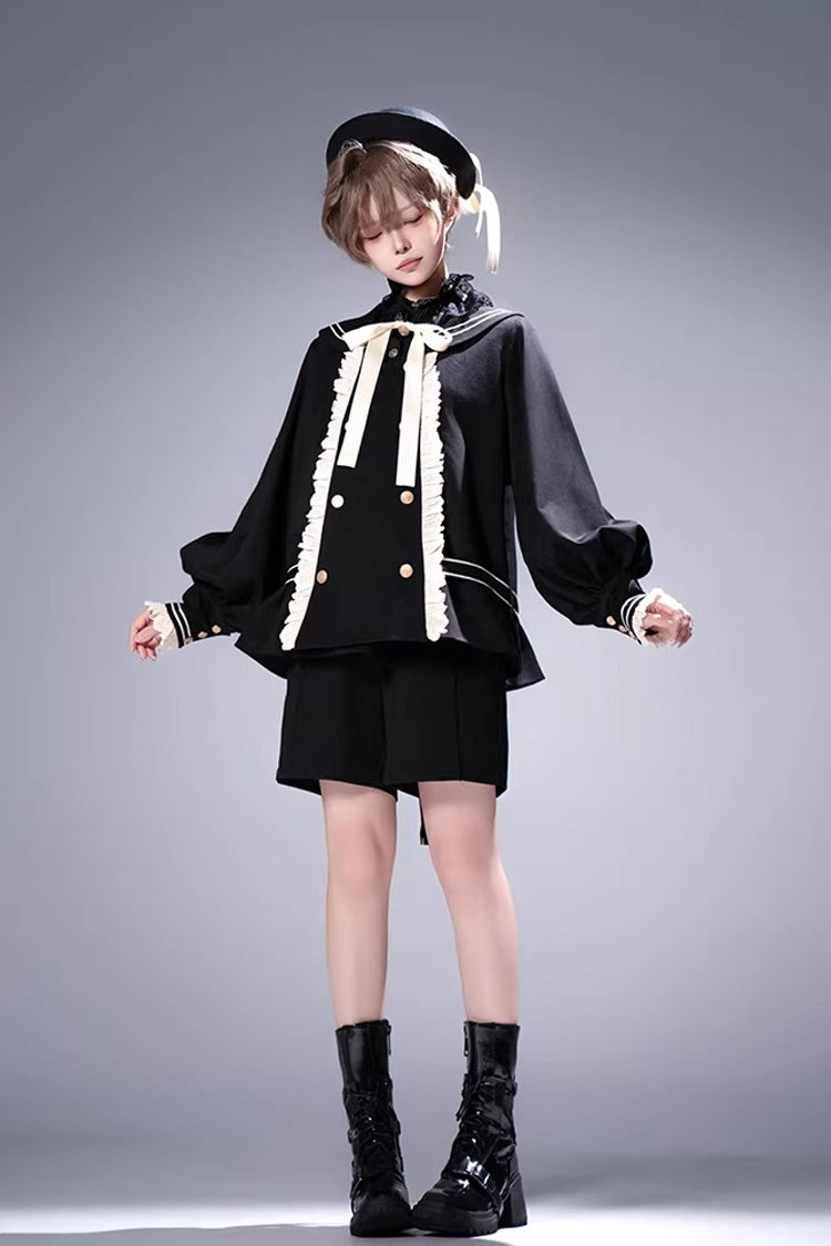 Black [City of Mist] Navy Collar Long Sleeves Gothic College Style Prince Ouji Lolita Shorts Coat Set - Product - 8