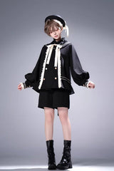 Black [City of Mist] Navy Collar Long Sleeves Gothic College Style Prince Ouji Lolita Shorts Coat Set - Product - 8