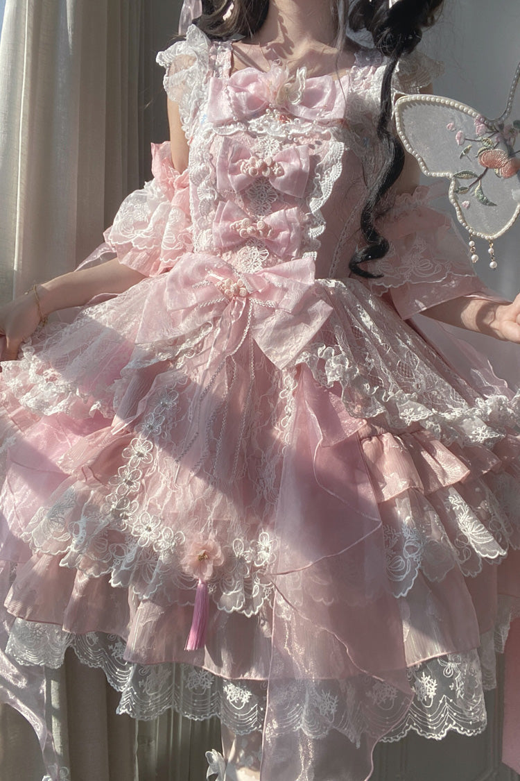 Pink [Spring Waters Reflecting Pear Blossoms] Ruffled Embroidered Open-Front Bow Lace Sweet Lolita Jsk Dress - Product - 10