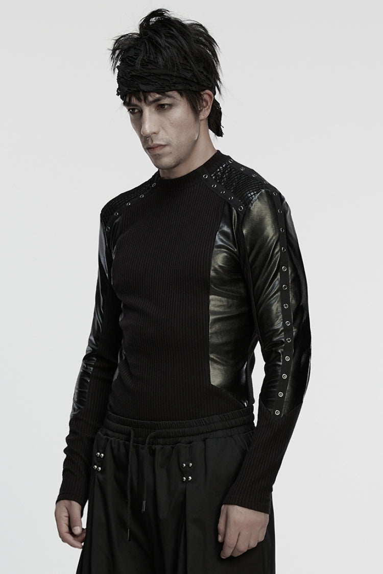 Black Round Collar Long Sleeves Spliced Eyelet Men's Punk T-Shirt - Product - 2