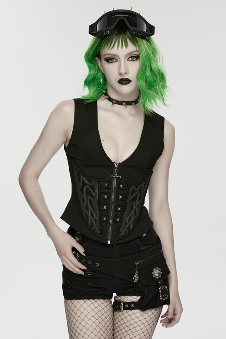 Black V Collar Sleeveless Embossed Printed Studded Zippered Women's Punk Vest - Black - 1