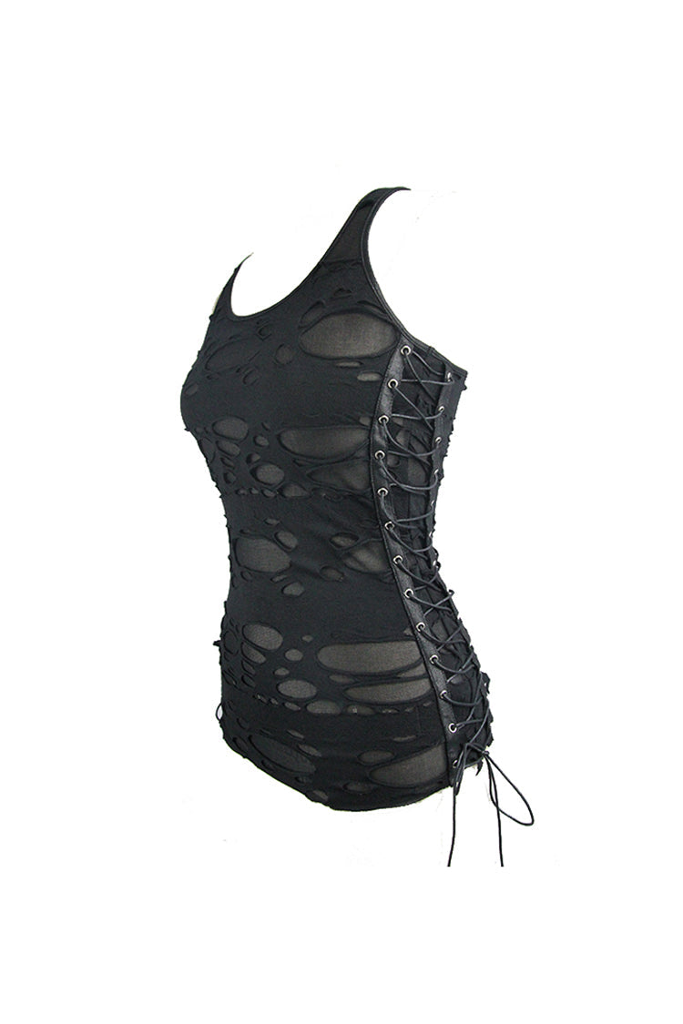 Black Broken Holes Side Lace Up Women's Punk Vest - Product - 6
