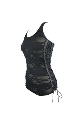 Black Broken Holes Side Lace Up Women's Punk Vest - Product - 6