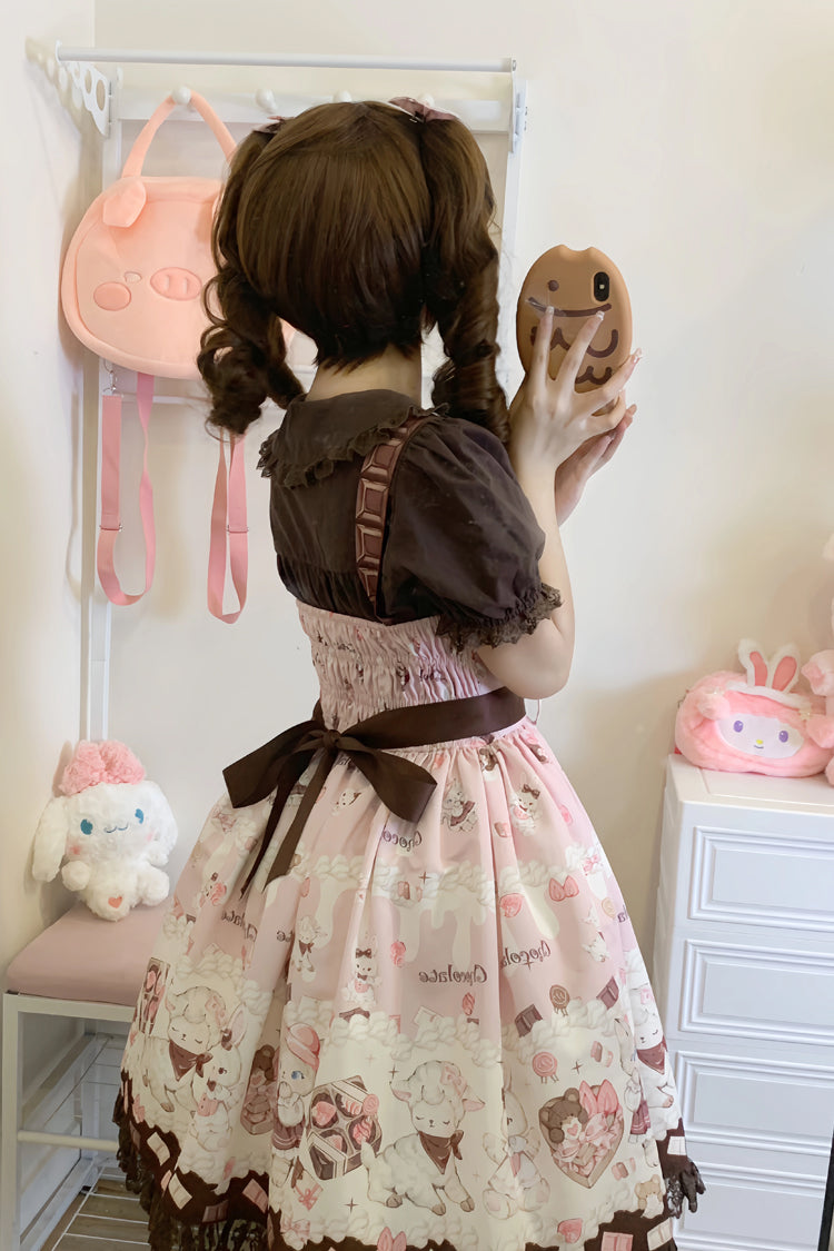 Chocolate Rosette Cat Print Bowknot Stitching Lace Sweet Lolita Jsk Dress 4 Colors - Product - 11