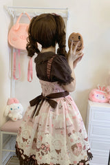Chocolate Rosette Cat Print Bowknot Stitching Lace Sweet Lolita Jsk Dress 4 Colors - Product - 11