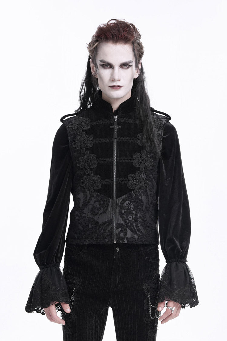 Black Stand Collar Sleeveless Floral Crochet Zipper Men's Gothic Vest - Black - 1