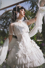 White Stand Collar Ruffle Chinese Qi Shawl Sweet Lolita Dress - Product - 4