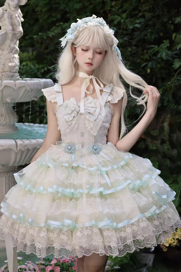 Green [Rose Feather Waltz] Sleeveless Triple-Layered Ruffle Bowknot Lace Sweet Ballet Lolita Jsk Dress - Product - 2