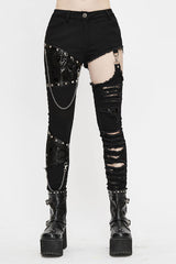 Black Punk Asymmetrical Spliced Broken Hole With Chains Womens Pants - Black - 1