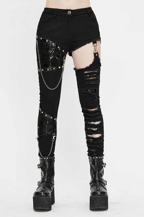 Black Punk Asymmetrical Spliced Broken Hole With Chains Womens Pants - Black - 1