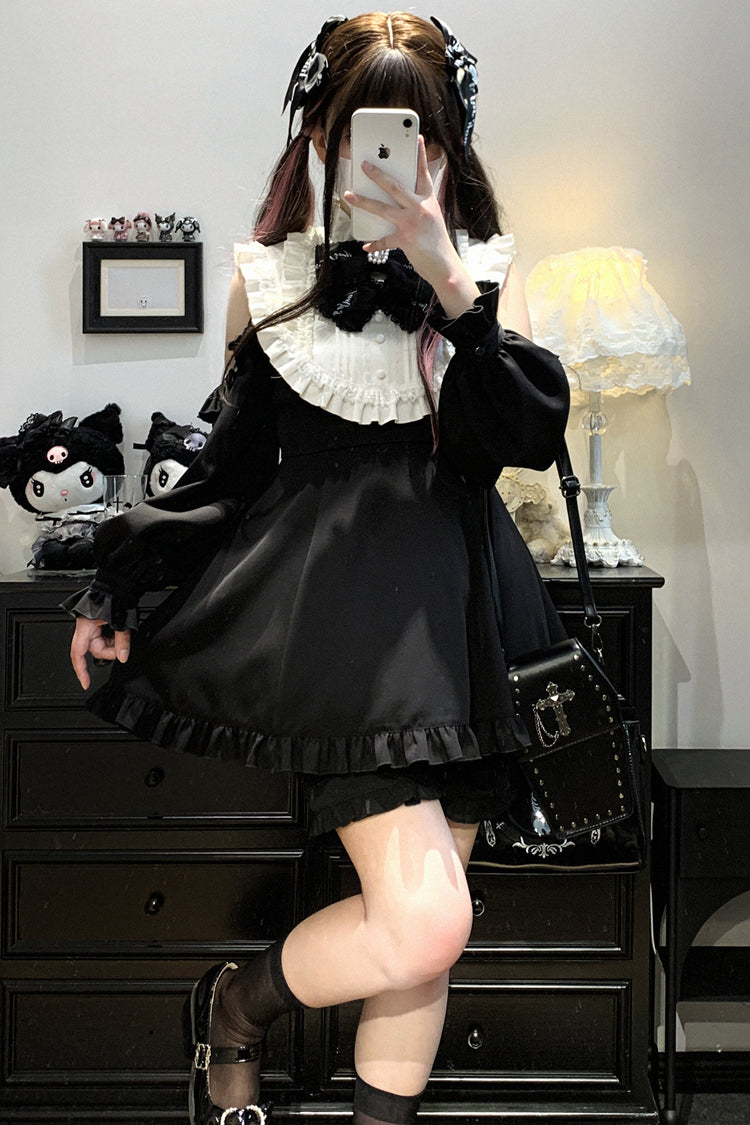 Black/White [Rose Princess] Off Shoulder Long Sleeves Ruffle Bowknot Gothic Jirai Kei Dress - Product - 5