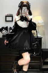 Black/White [Rose Princess] Off Shoulder Long Sleeves Ruffle Bowknot Gothic Jirai Kei Dress - Product - 5