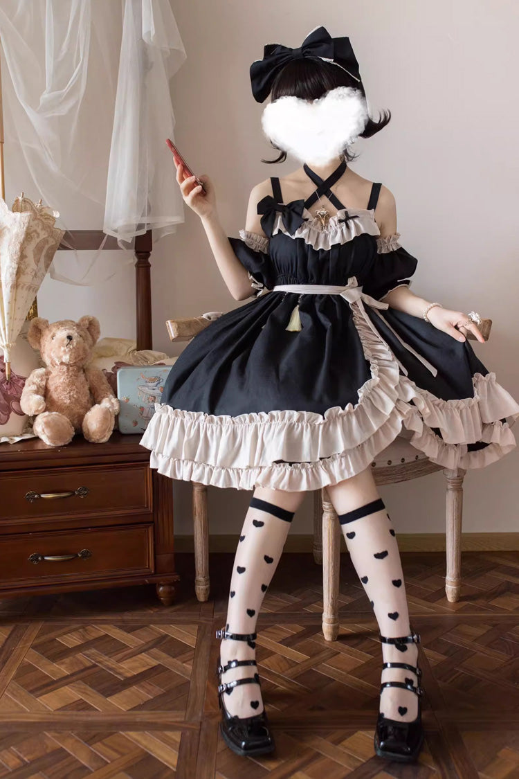 Black [Monet Estate] Sleeveless High Waisted Ruffle Bowknot Asymmetric Gothic Lolita Jsk Dress - Product - 8