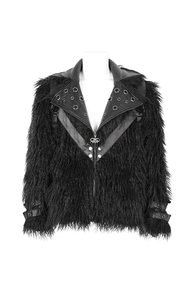 Black Lapel Collar Collar Faux Fur Men's Punk Jacket - Product - 6