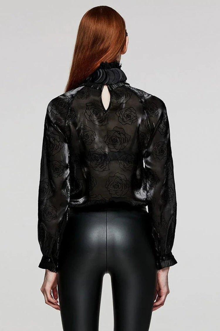 Black Stand Collar Long Lantern Sleeves Rose Print Hook-Button Womens Gothic Blouse - Product - 3