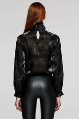 Black Stand Collar Long Lantern Sleeves Rose Print Hook-Button Womens Gothic Blouse - Product - 3
