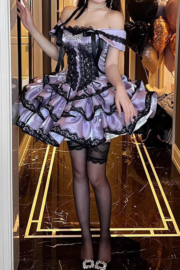 Purple [Love Poems of the Heart] Sleeveless Triple-Layered Ruffled Lace Lace-Up Sweet Lolita Jsk Dress - Product - 5