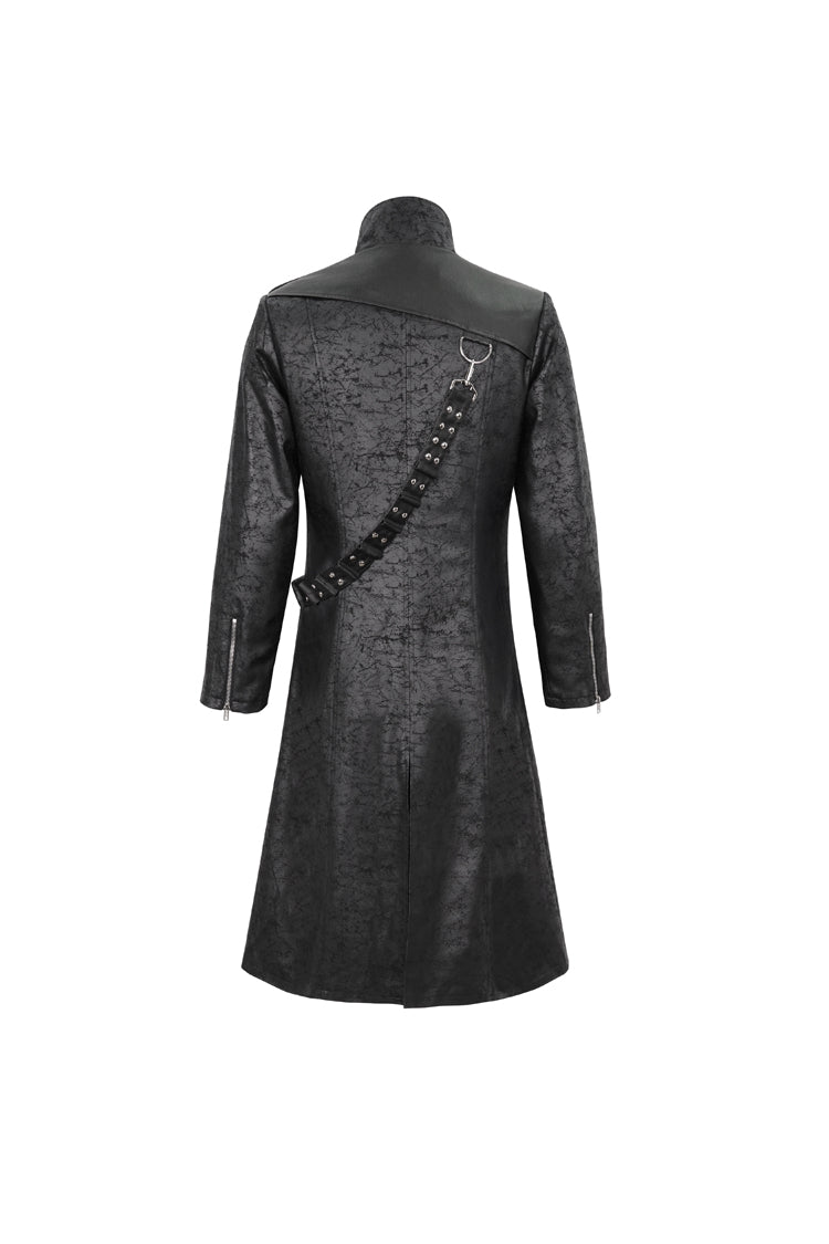 Black Stand Collar With Strap Split At The Hem Long Men's Gothic Coat - Product - 8