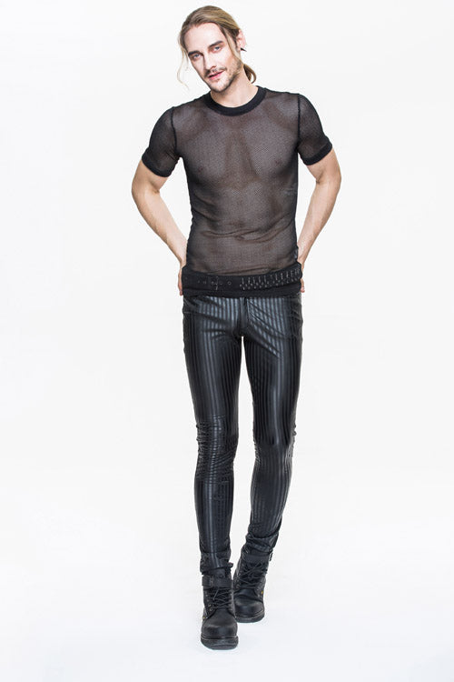 Black Autumn And Winter Vertical Stripes Elastic Punk Leather Mens Pants - Product - 7