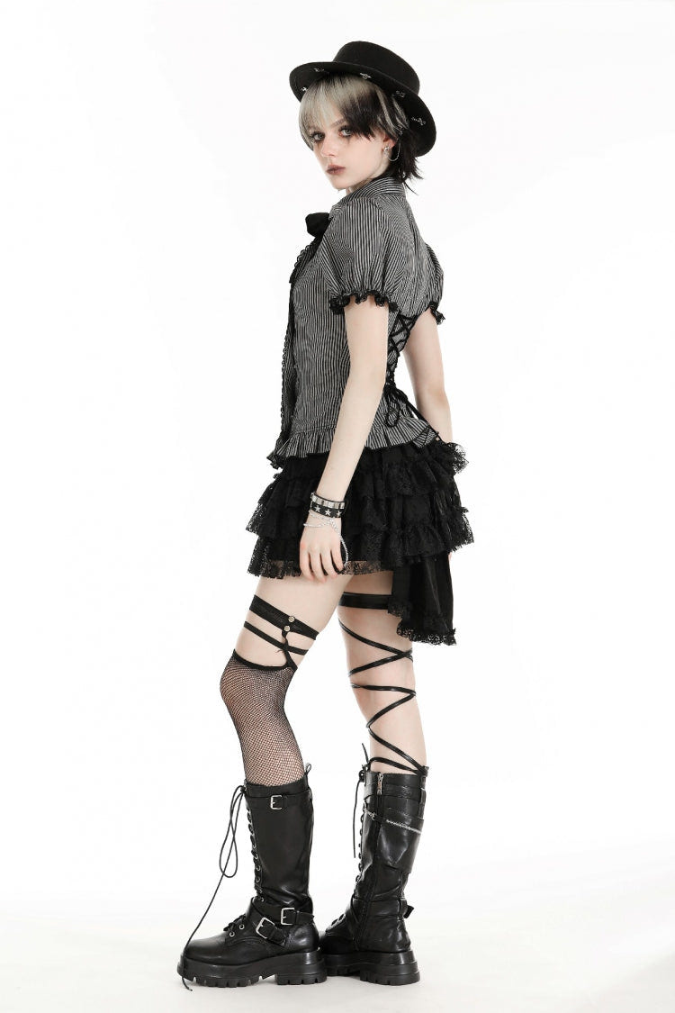 Black/Grey Short Puff Sleeves Lace-Up Striped Double-Breasted Women's Gothic College Style Blouse - Product - 10