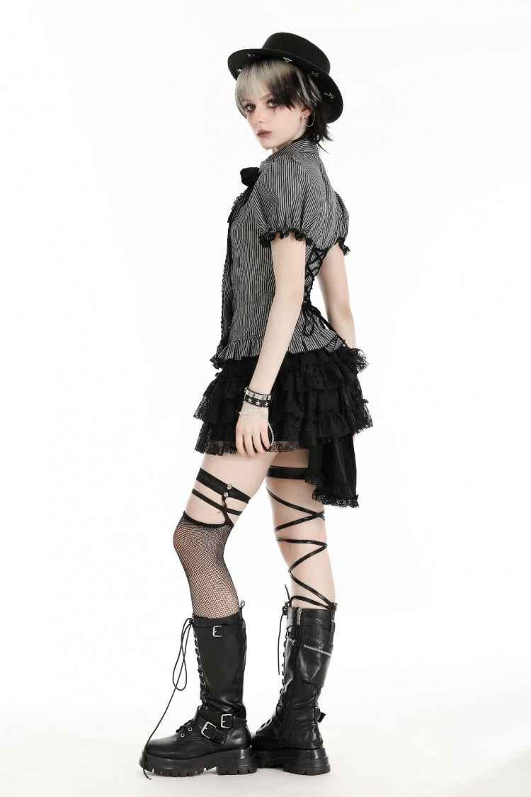 Black/Grey Short Puff Sleeves Lace-Up Striped Double-Breasted Women's Gothic College Style Blouse - Product - 10