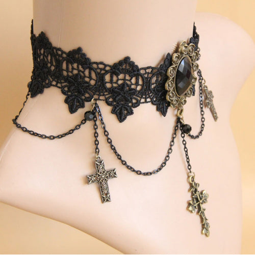Black Retro Exaggerated Cross Collar Harajuku Style Lace Gothic Lolita Necklace - Product - 2