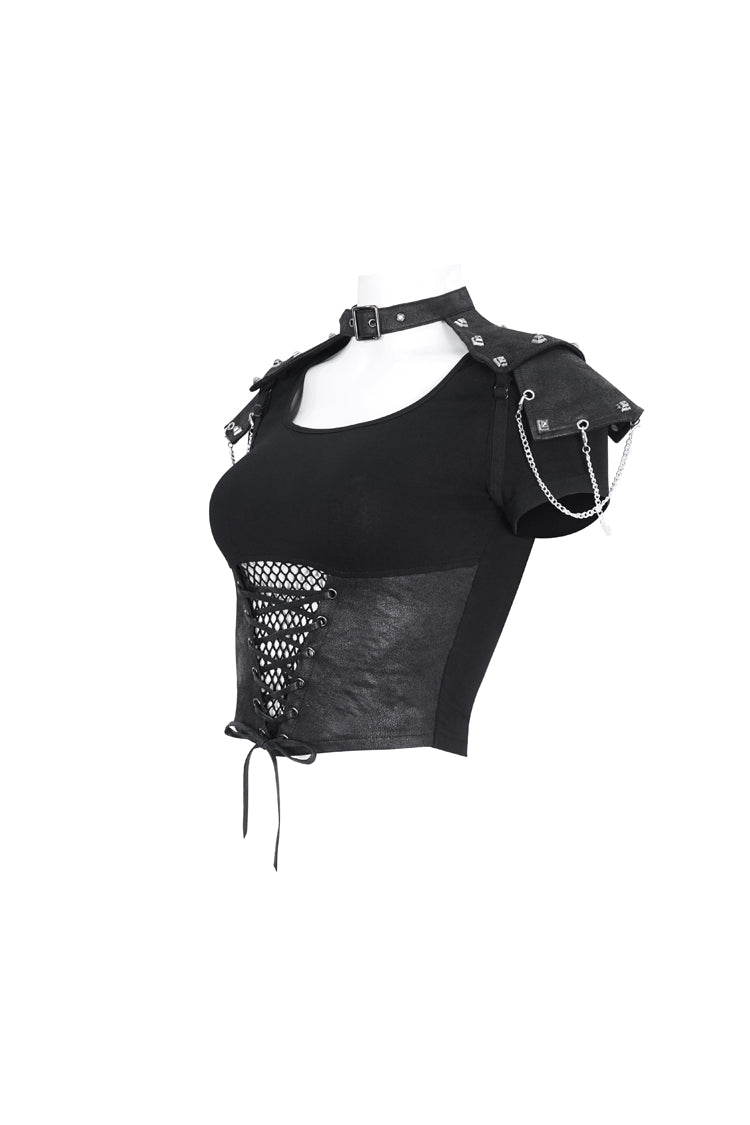 Black Cutout Mesh Short Sleeve Crop Womens Punk Top - Product - 6