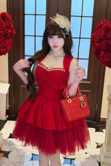 Red [Romantic Rose] Square Collar Sleeveless Ruffled Classic Ballet Lolita Dress - Product - 15