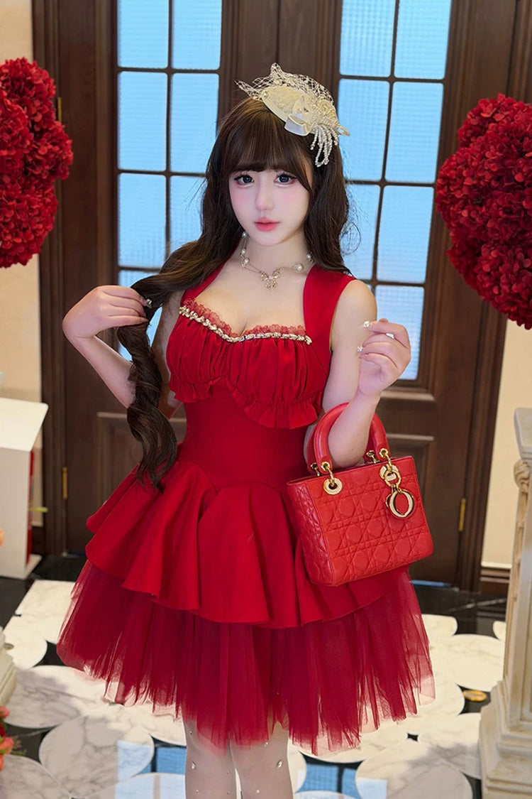 Red [Romantic Rose] Square Collar Sleeveless Ruffled Classic Ballet Lolita Dress - Product - 15