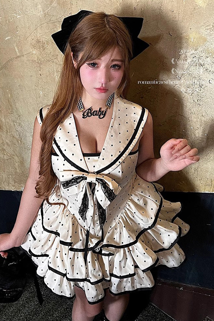 Apricot Multi-layer Polka Dots Print Navy Doll Ruffle Bowknot Sweet Lolita Tiered Dress - Product - 3