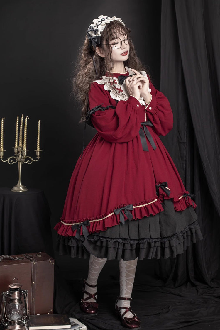 Red Long Sleeves Ruffle Bowknot Daily Sweet Princess Lolita Dress - Product - 3